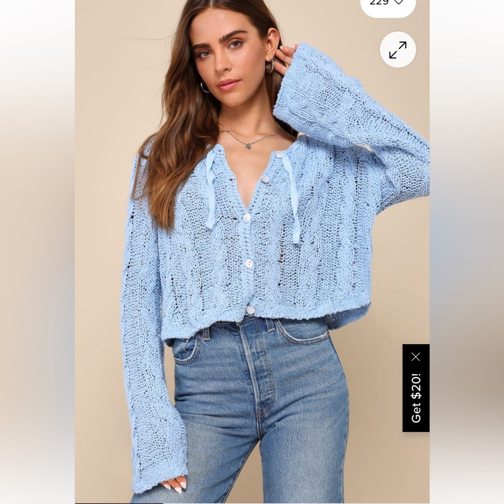 Free People Robyn Blue Cable Knit Cropped Button-Front Cardigan